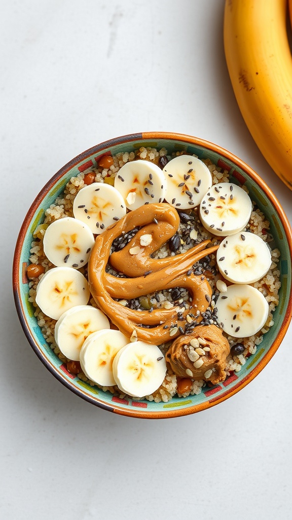 A colorful bowl of quinoa topped with banana slices, peanut butter, and seeds.