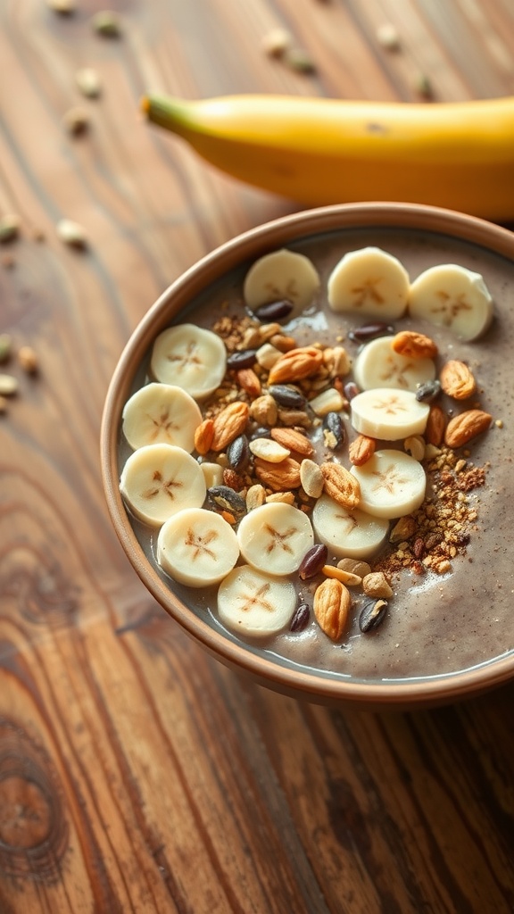 A delicious breakfast smoothie bowl topped with sliced bananas, nuts, and granola.