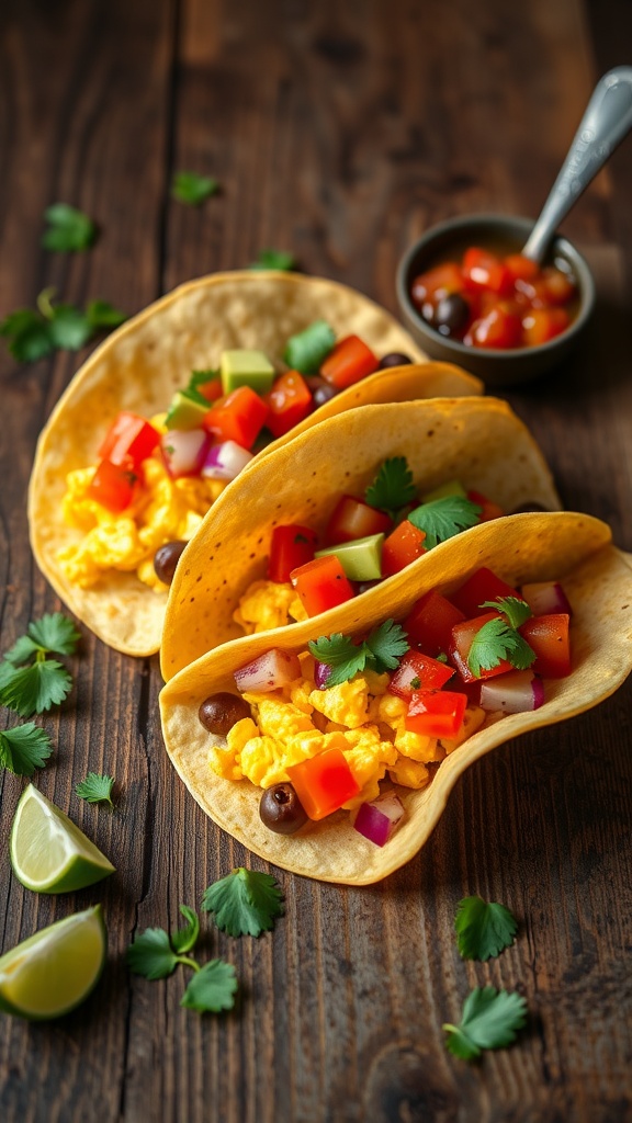 Delicious breakfast tacos filled with scrambled eggs and fresh vegetables.