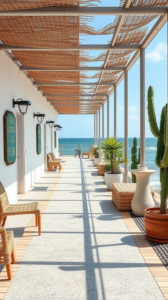 A breezy coastal epoxy walkway leading to the ocean, featuring seating and greenery.