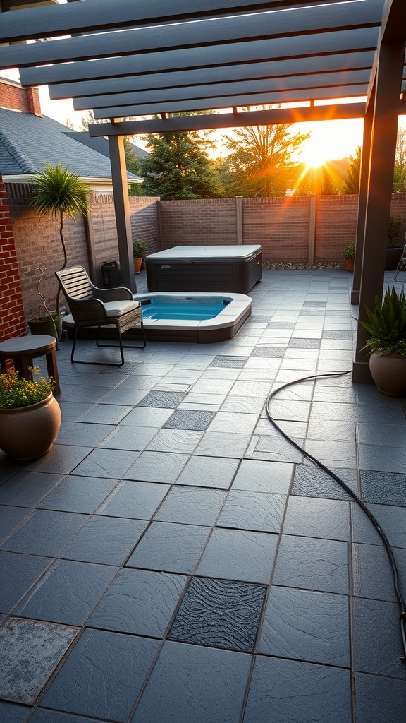 A modern patio featuring light gray stamped concrete, with a hot tub and outdoor seating, illuminated by a sunset.