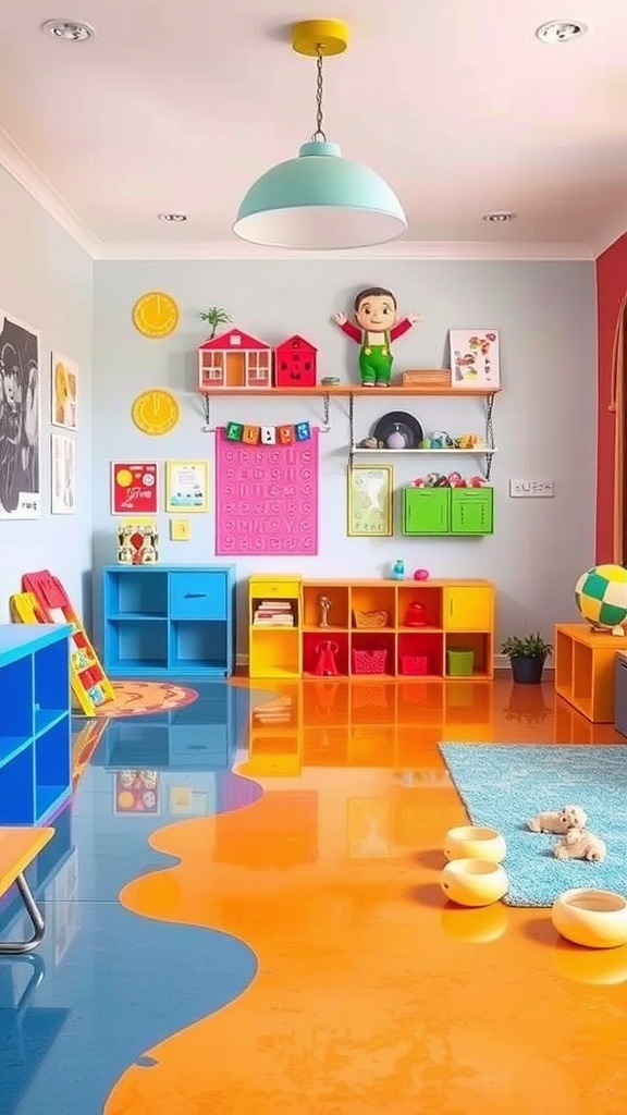 A bright interior with colorful epoxy concrete flooring featuring swirling patterns, cozy seating, and a modern design.