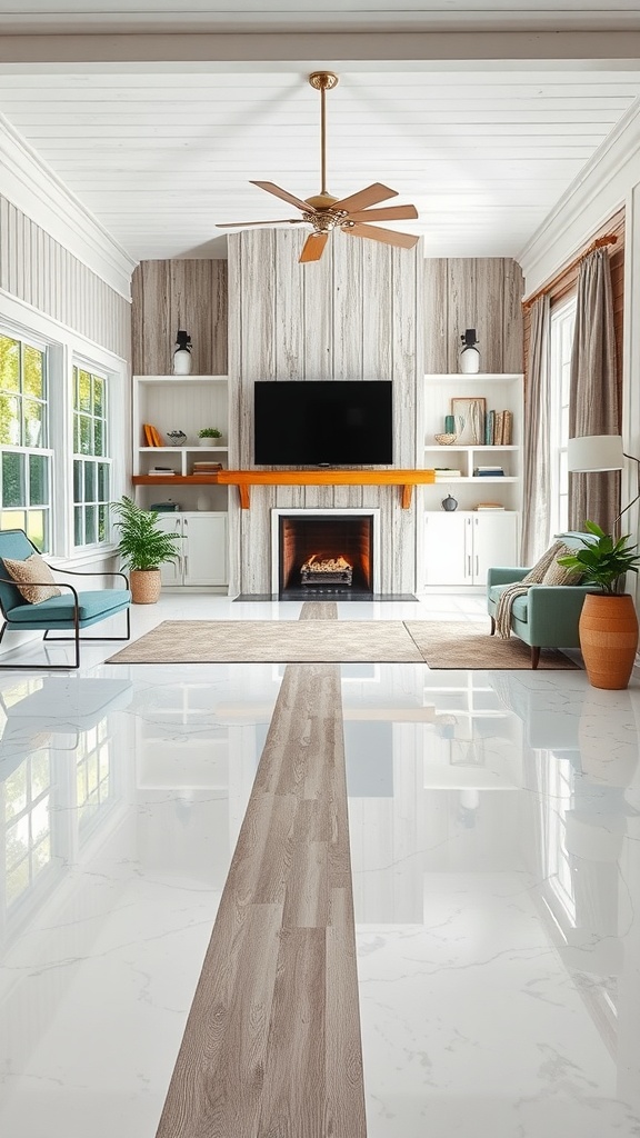 A bright and airy living room with glossy white epoxy flooring and rustic decor.
