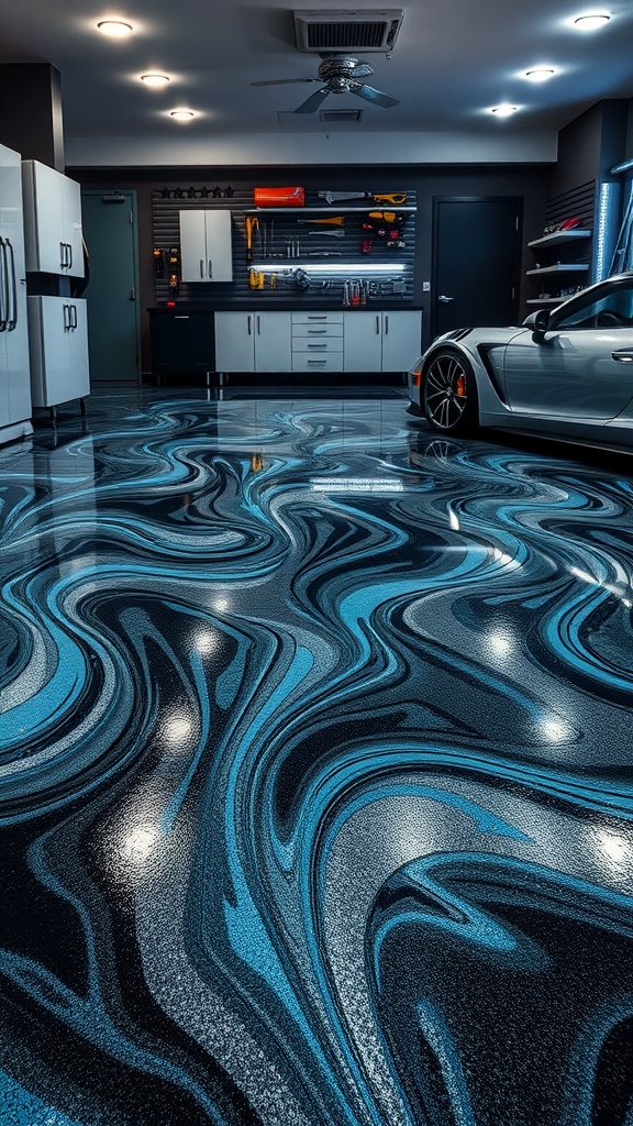 A stylish garage with a gray and red epoxy floor, featuring a car suspended above.