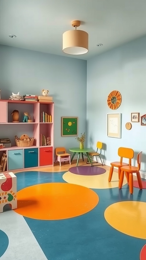 A colorful room with bold epoxy floor designs showcasing red, yellow, and blue patterns.