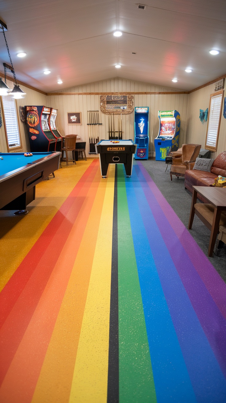 Epoxy floor with rainbow stripes in a game room
