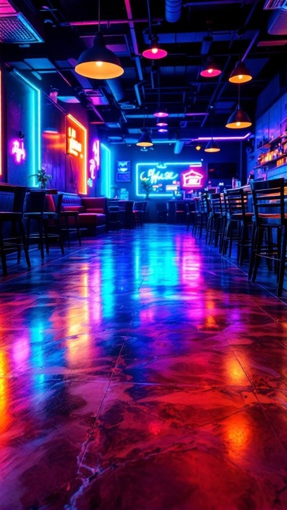 Vibrant neon-lit bar with glossy epoxy flooring reflecting colorful lights