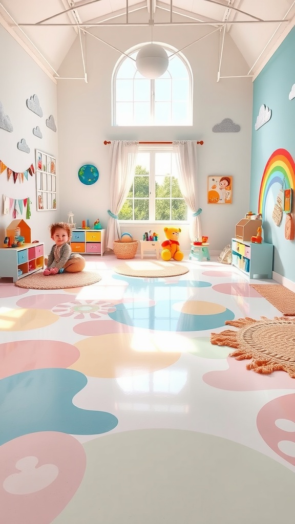 A modern living room with glossy epoxy flooring and pastel decor.