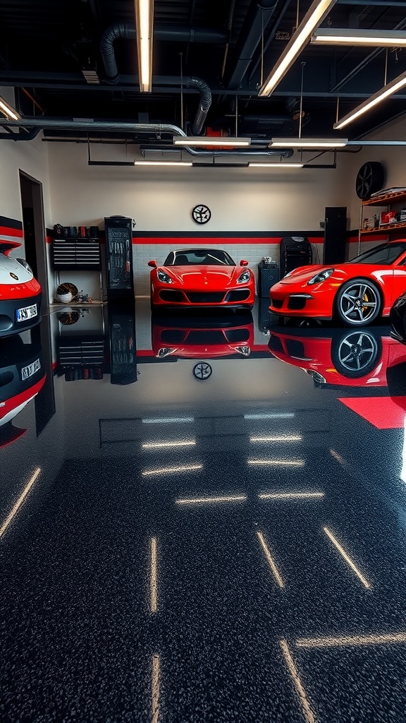 A modern garage interior featuring soft pastel colors and a glossy epoxy floor with luxury sports cars.