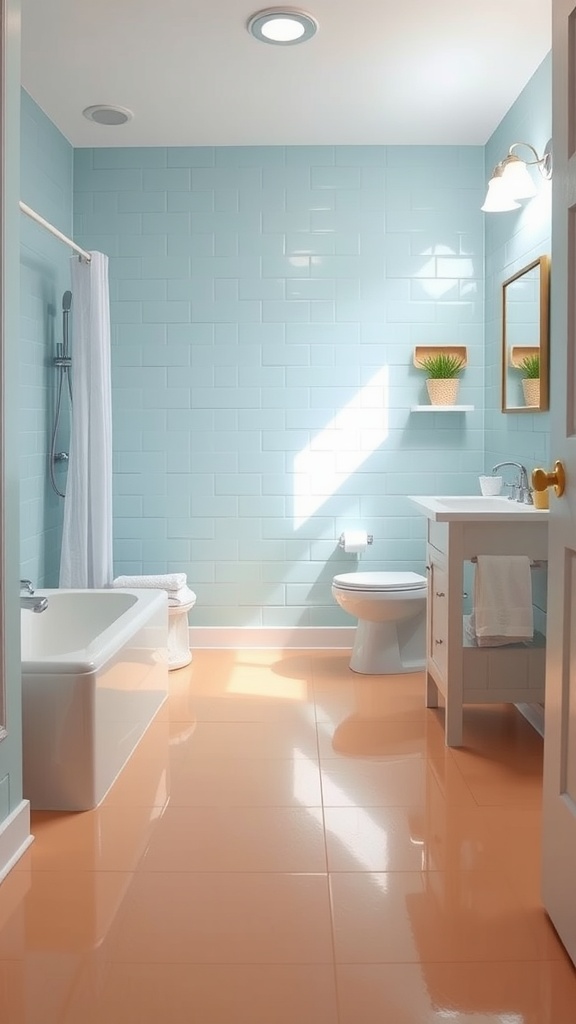 A bright bathroom featuring peach epoxy flooring and light blue walls.