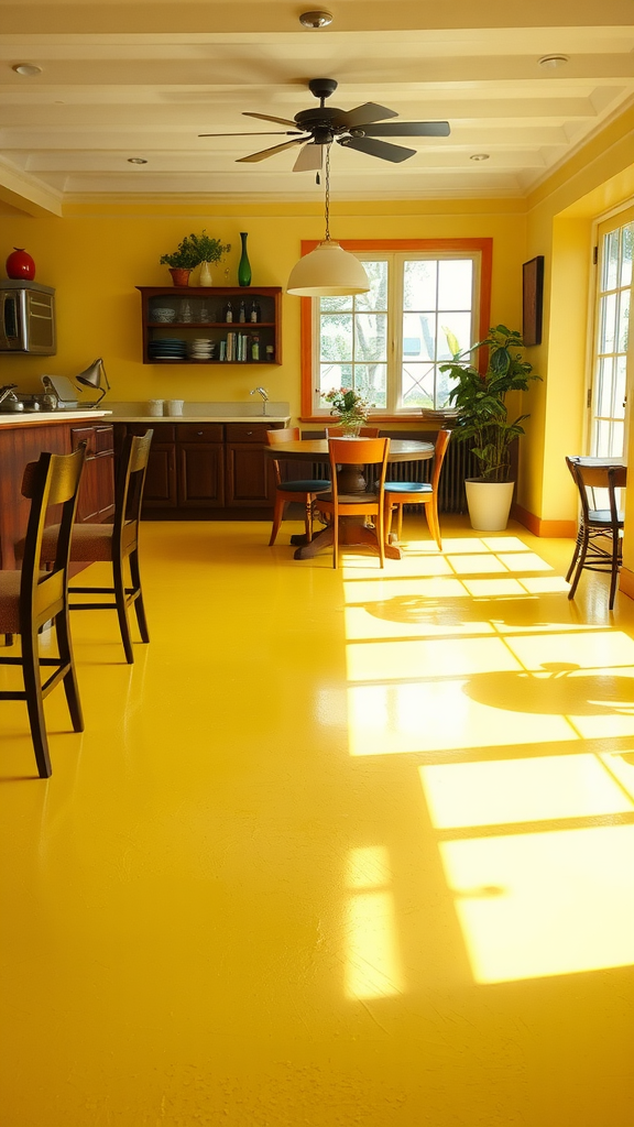 A bright yellow epoxy floor in a cheerful kitchen setting with wooden furniture and plants.