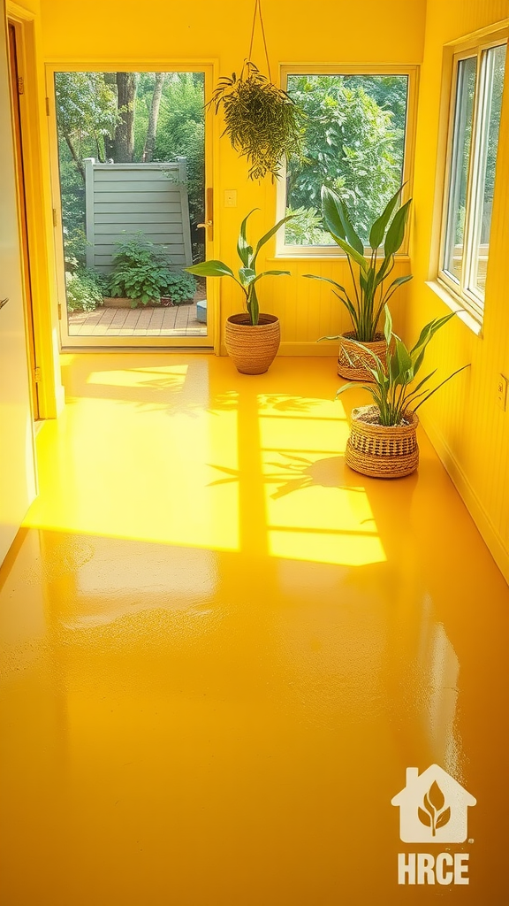A bright yellow epoxy floor with plants and large windows, creating a cheerful atmosphere.