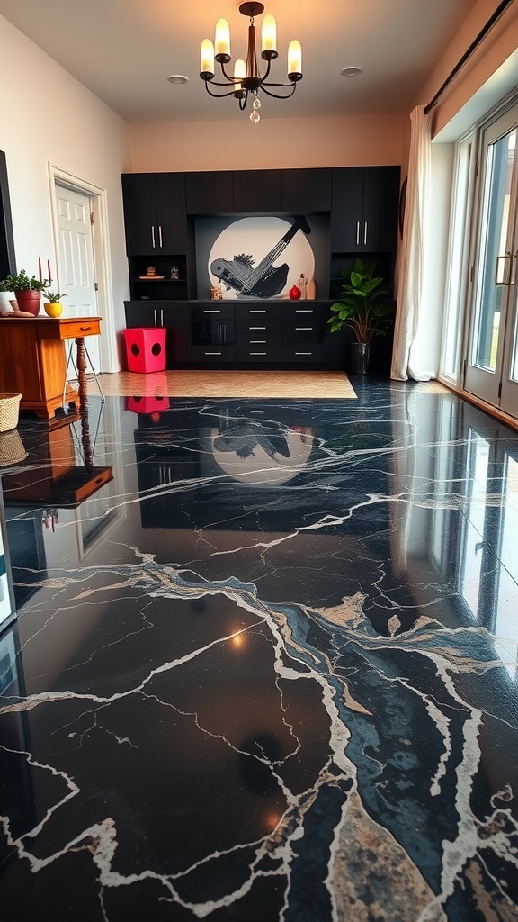 Interior space showcasing a stylish black marble epoxy floor with gold and white veining