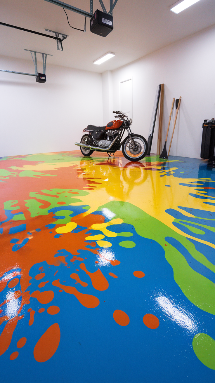 A colorful epoxy floor in a garage with a motorcycle parked on it.