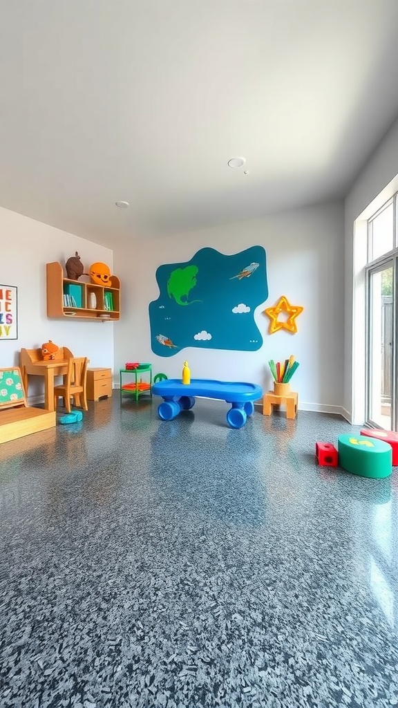 A colorful playroom with a vibrant epoxy floor featuring swirling patterns in pink, blue, and orange.