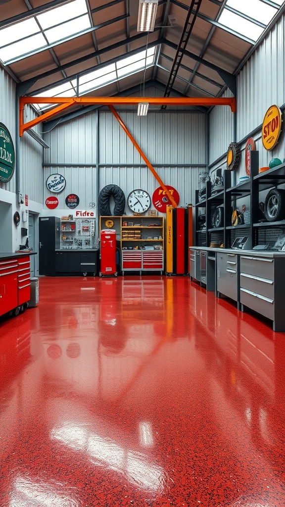 Bright red epoxy floor in a workshop with industrial decor