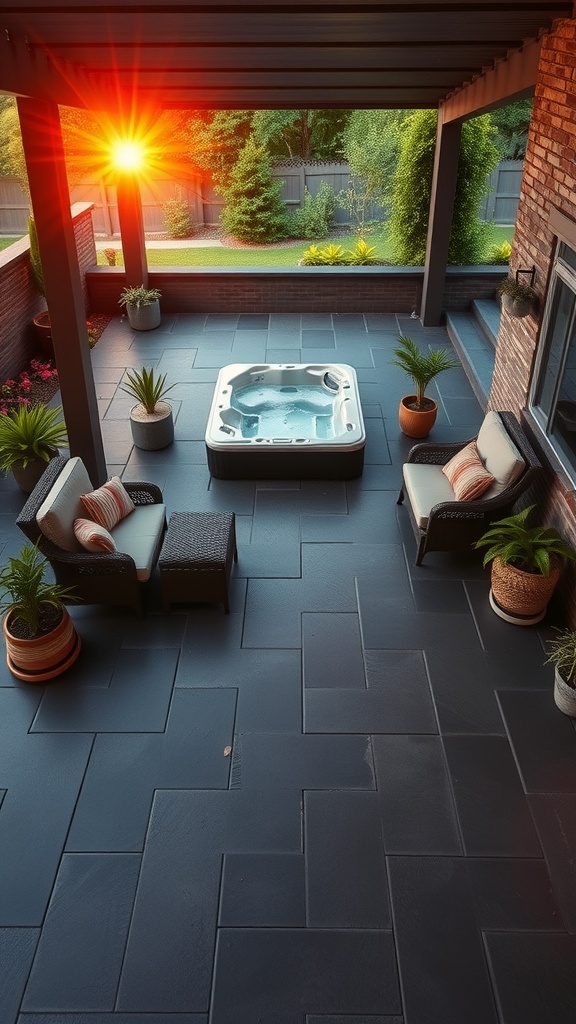 A bright coral epoxy patio with a hot tub and comfortable seating, surrounded by plants.