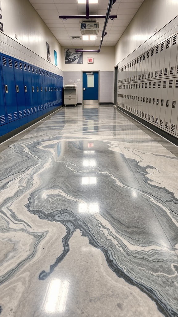 A school hallway with bright epoxy flooring and lockers on either side.