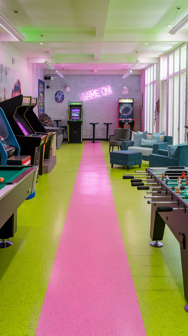 A vibrant game room with bright green and neon pink flake mix flooring, featuring arcade machines, a pool table, and cozy seating.
