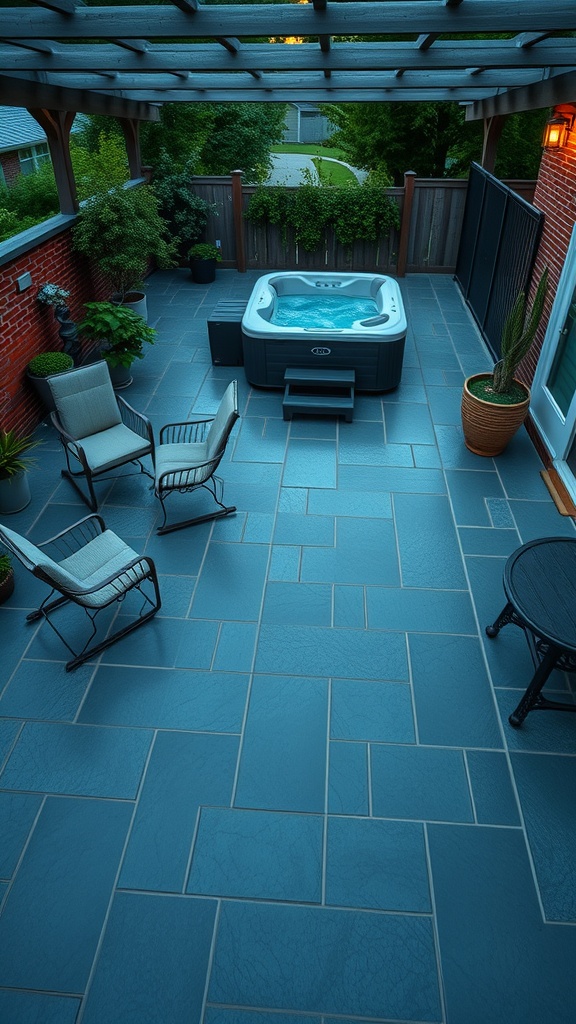 A beautifully designed patio featuring mint green epoxy flooring, surrounded by plants and outdoor furniture.