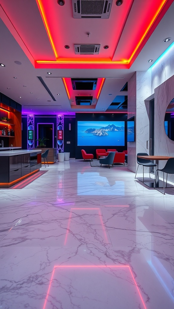A modern interior showcasing a marble epoxy floor with vibrant neon ceiling lights.