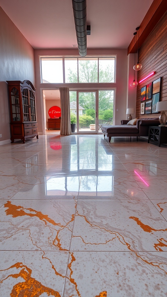 A bright and artistic epoxy floor with marble patterns and copper accents.