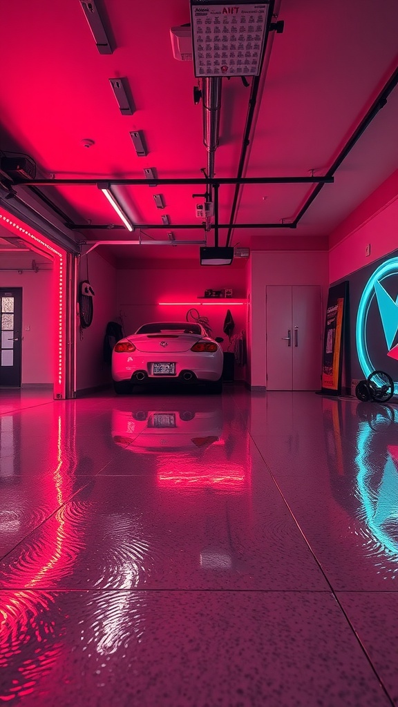 Garage with bright neon accents and epoxy flooring