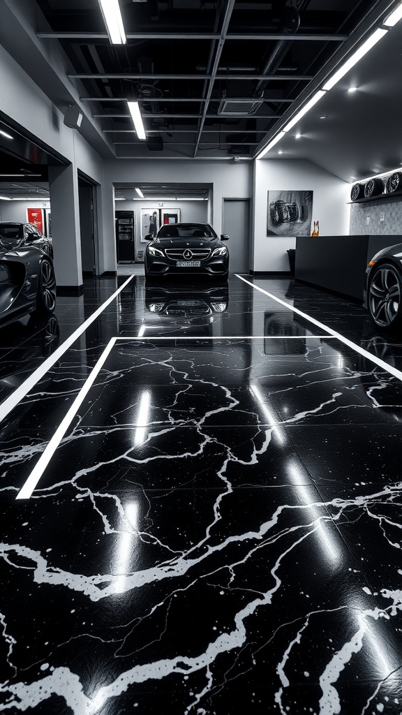 A modern garage showcasing a black marble epoxy floor with bright neon accents.