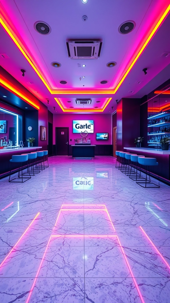 A room featuring bright neon epoxy flooring with a glossy black finish, showcasing vibrant lighting and modern design elements.