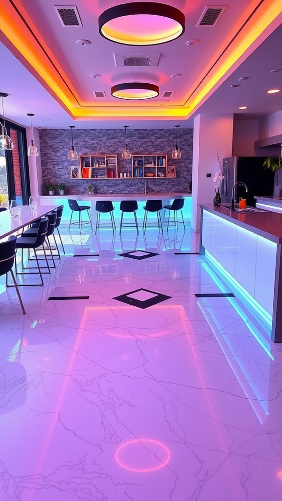 Vibrant kitchen with bright neon epoxy floor reflecting pink and blue lights.