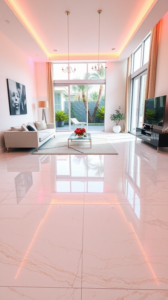 A modern living room with bright neon lighting and glossy epoxy flooring.
