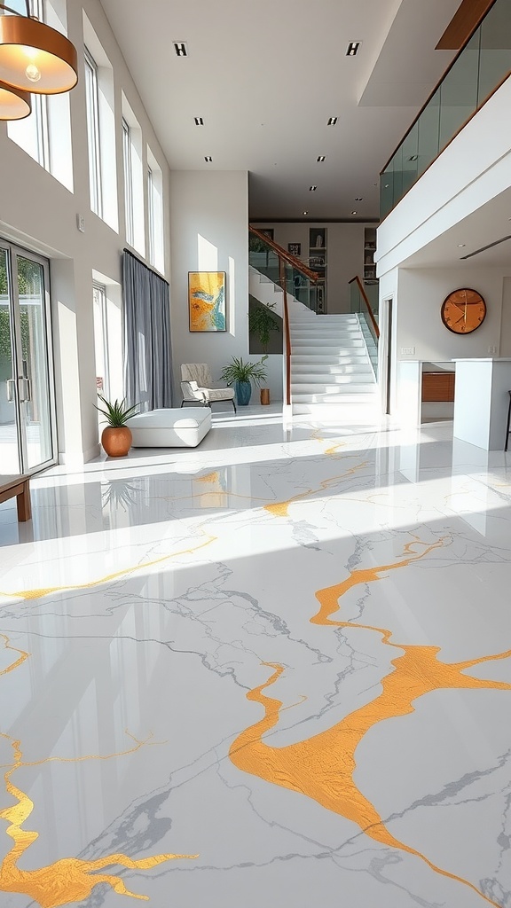 A modern living room with a metallic epoxy floor featuring golden highlights on a gray base.
