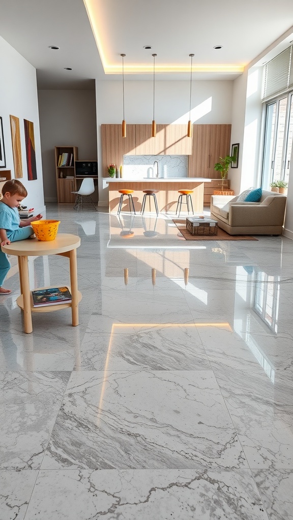 A bright playroom with glossy epoxy flooring, featuring a child sitting at a small table, colorful decor, and a modern kitchen in the background.
