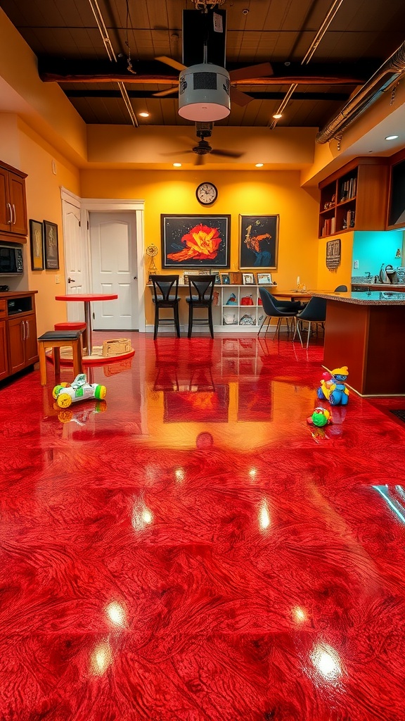 Bright red epoxy floor in a modern kitchen space