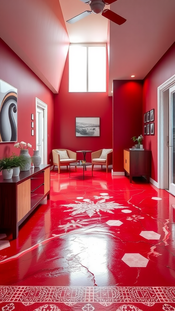 Interior with bright red epoxy flooring and red walls, featuring seating and decorative elements.