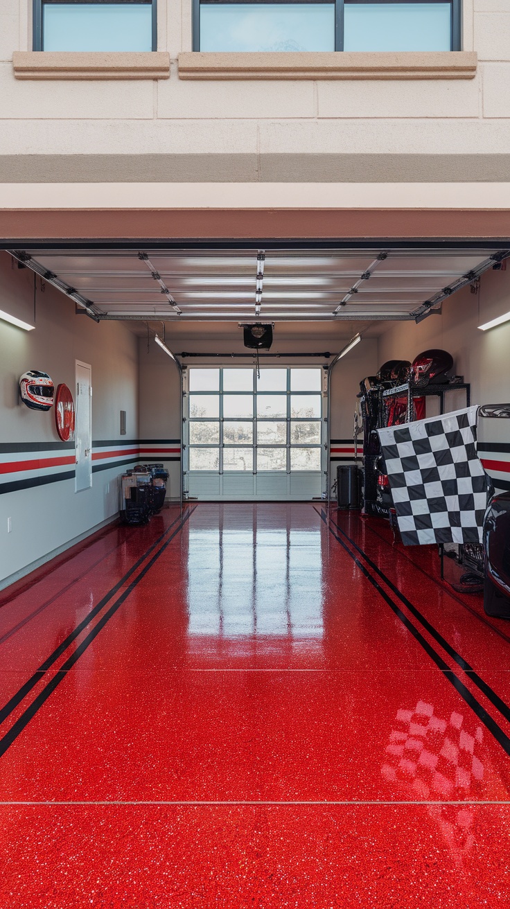 A garage with bright red epoxy flake flooring, featuring black stripes and a sporty design.