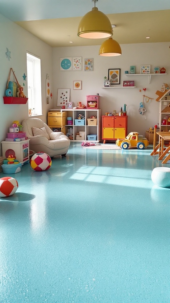 Colorful playroom with bright solid color epoxy floor and toys