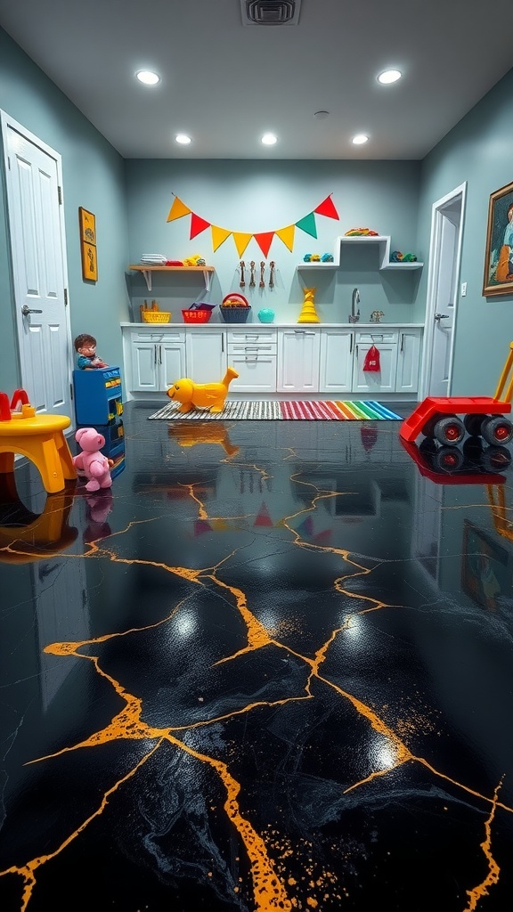 A colorful playroom featuring a bright solid color epoxy floor with orange veins.