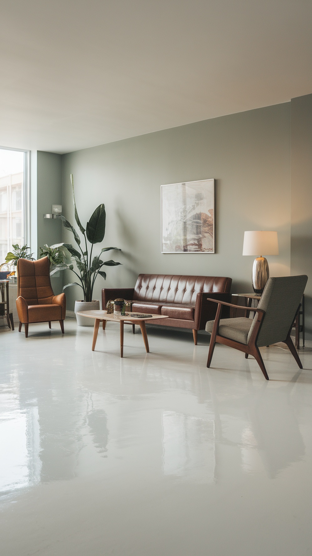 A modern living room featuring a sleek white epoxy floor, brown leather sofa, and stylish furniture.