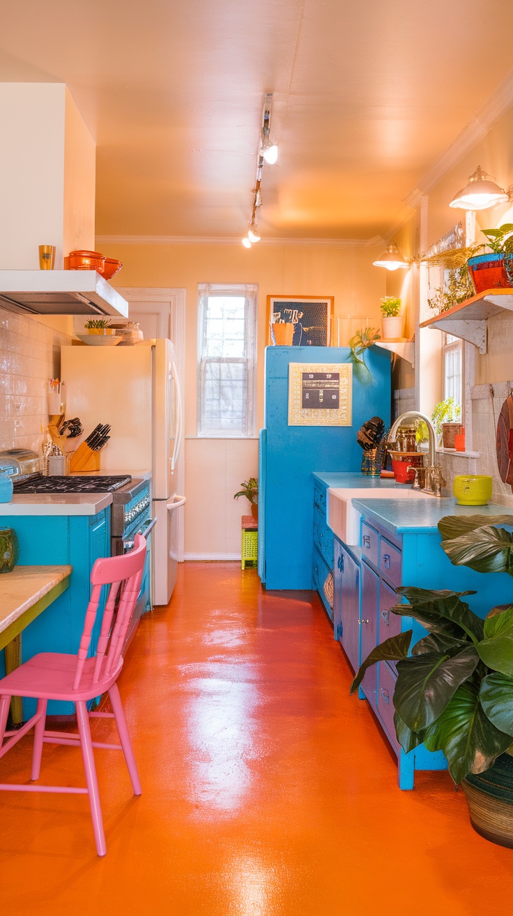 Kitchen with bright sunset orange epoxy floor, blue cabinets, and pink chair.