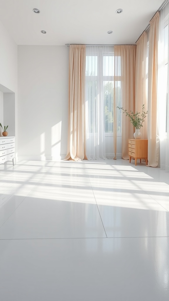 Bright white epoxy floor in a spacious bedroom with natural light and light curtains.