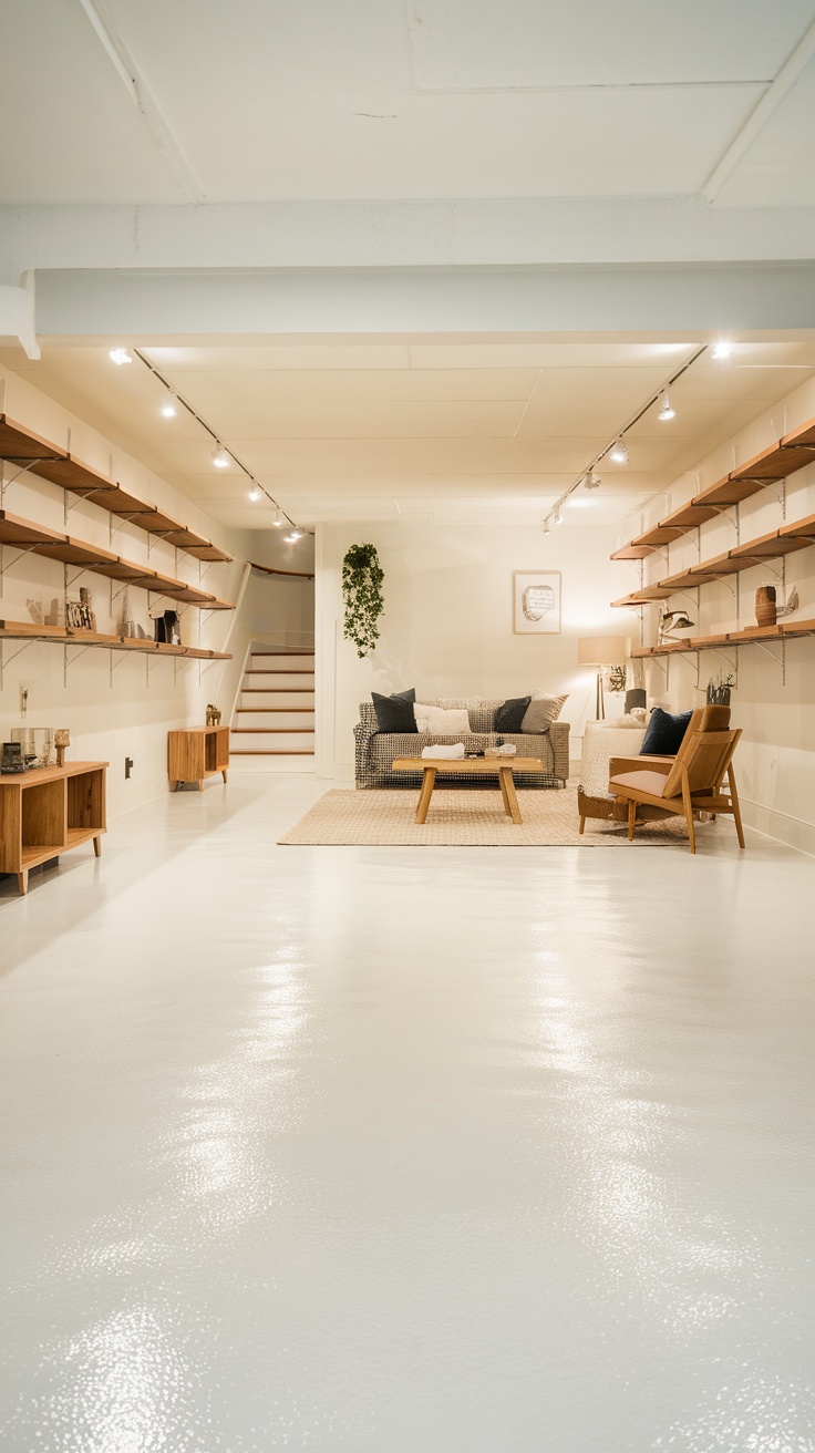 Bright white epoxy floor in a modern basement with furniture and decor.