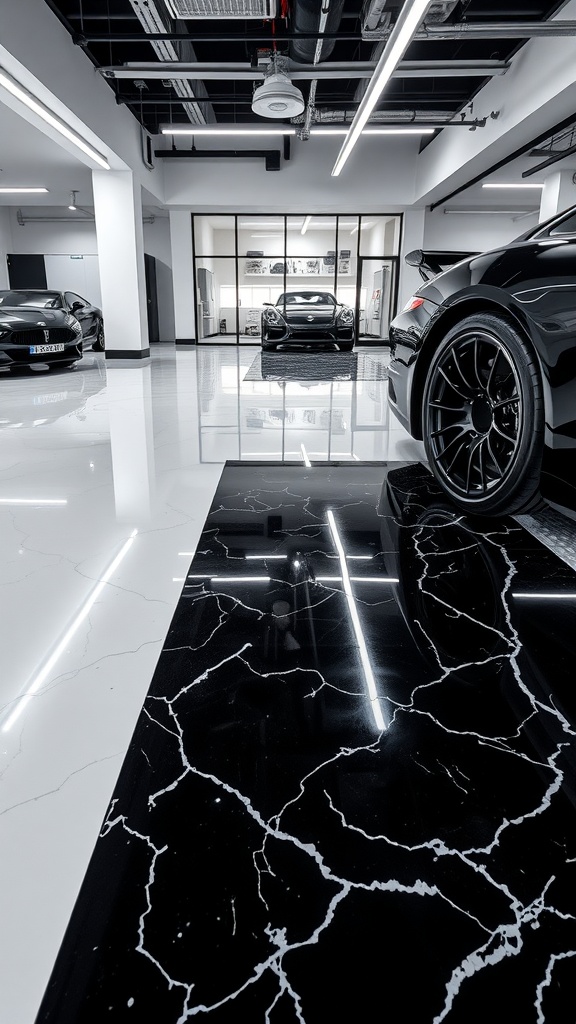 A glossy bright white epoxy floor contrasted with black marble epoxy in a stylish garage setting.