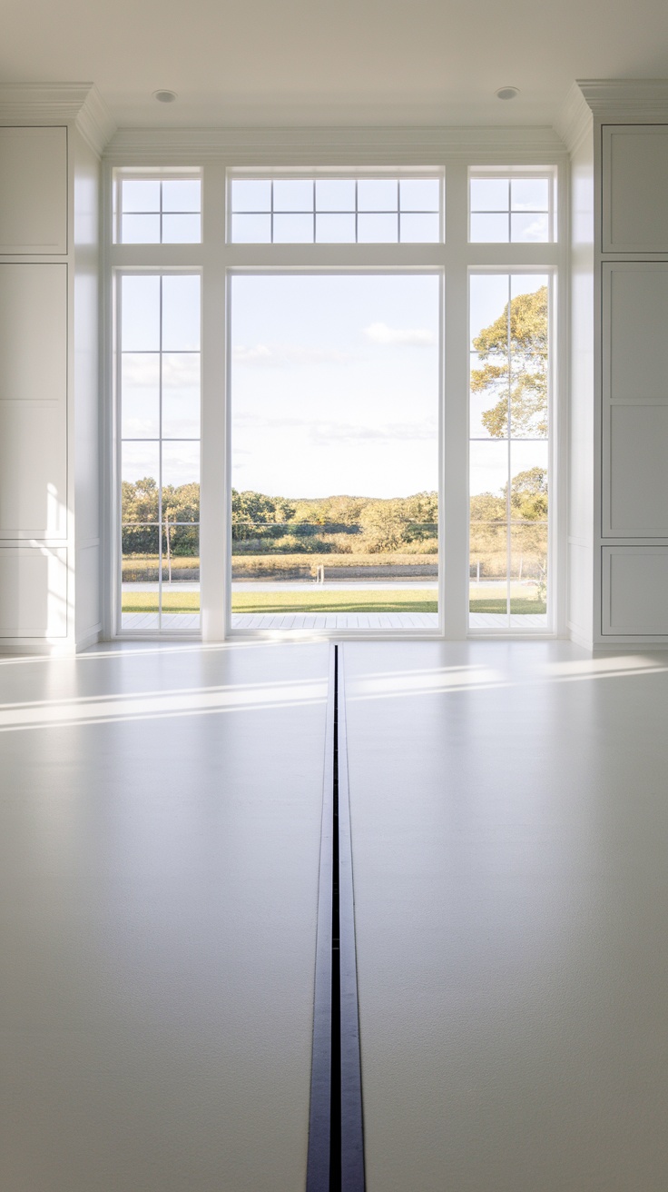 Bright white epoxy floor with large windows showcasing a scenic view.