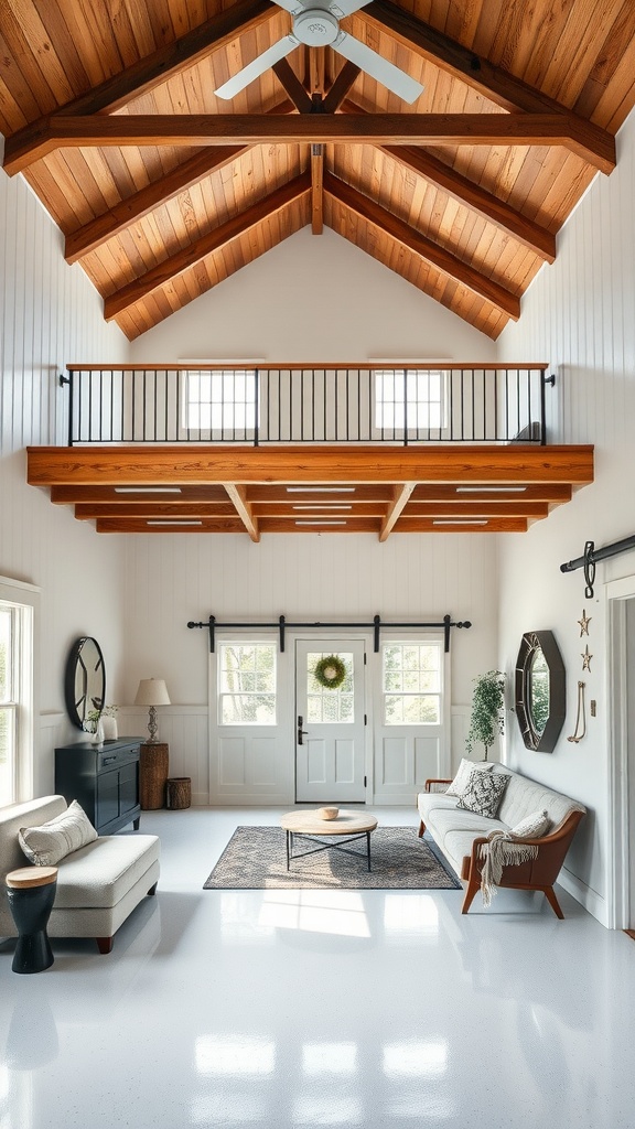 Bright white epoxy floors in a spacious living area with wooden beams and large windows.