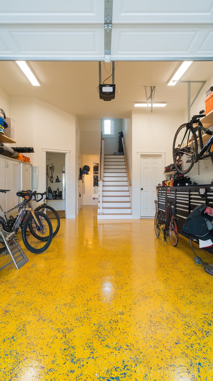A bright yellow epoxy garage floor with fun flake design, bikes and storage areas visible.