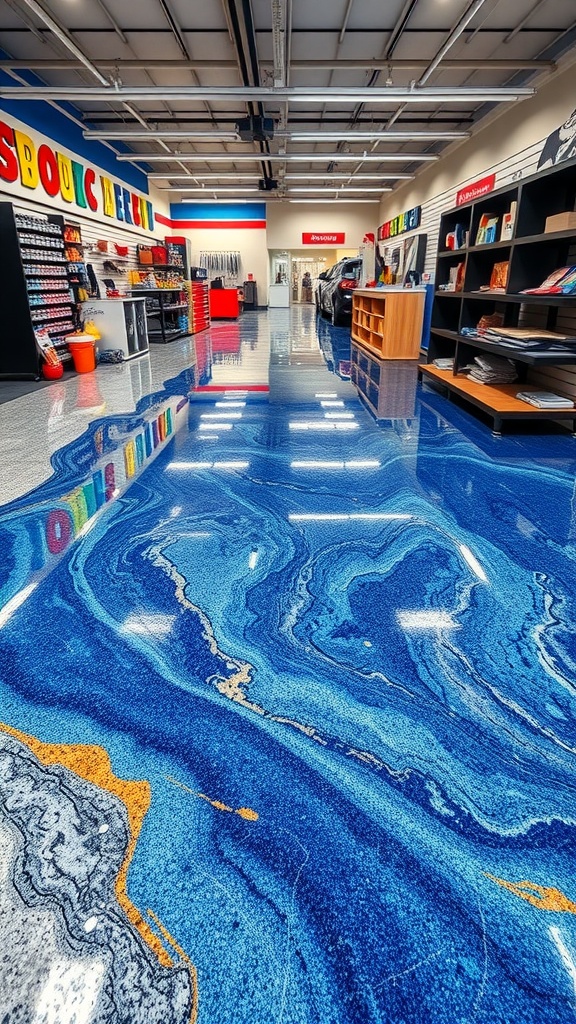 A retail space with brightly colored epoxy flooring featuring blue and orange designs.