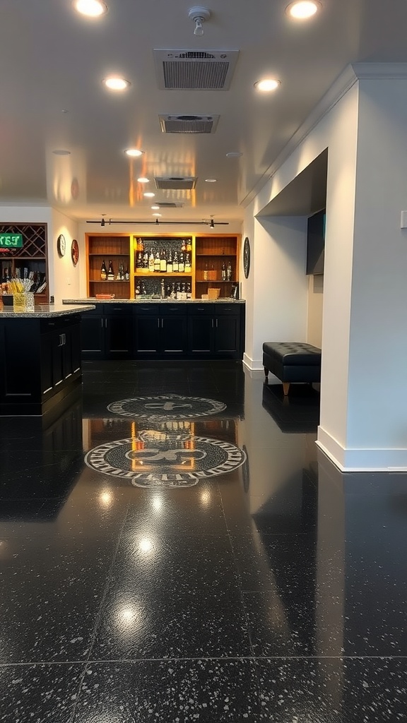Stylish black epoxy floor with a decorative motif in a modern basement bar area.