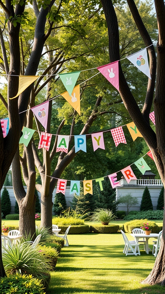 Colorful flag banners strung between trees, celebrating Easter in a sunny garden