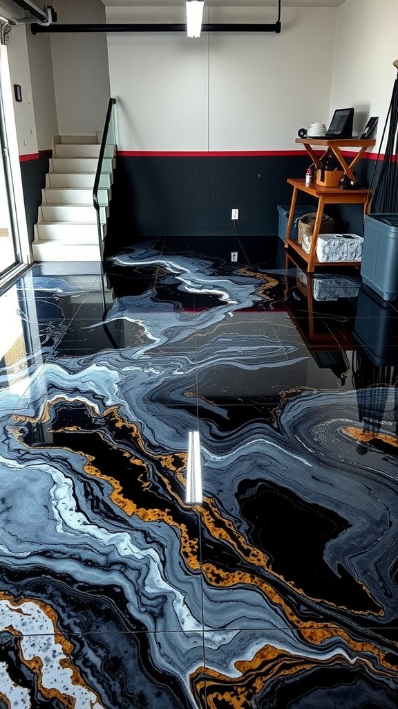 Epoxy resin flooring with black, white, gray, and gold swirls in a garage setting.